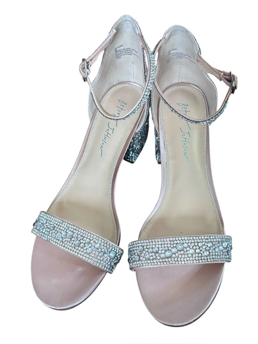 Betsey Johnson Mari Champagne Jeweled Formal Ankle Strap Sandal Block Heel 9M